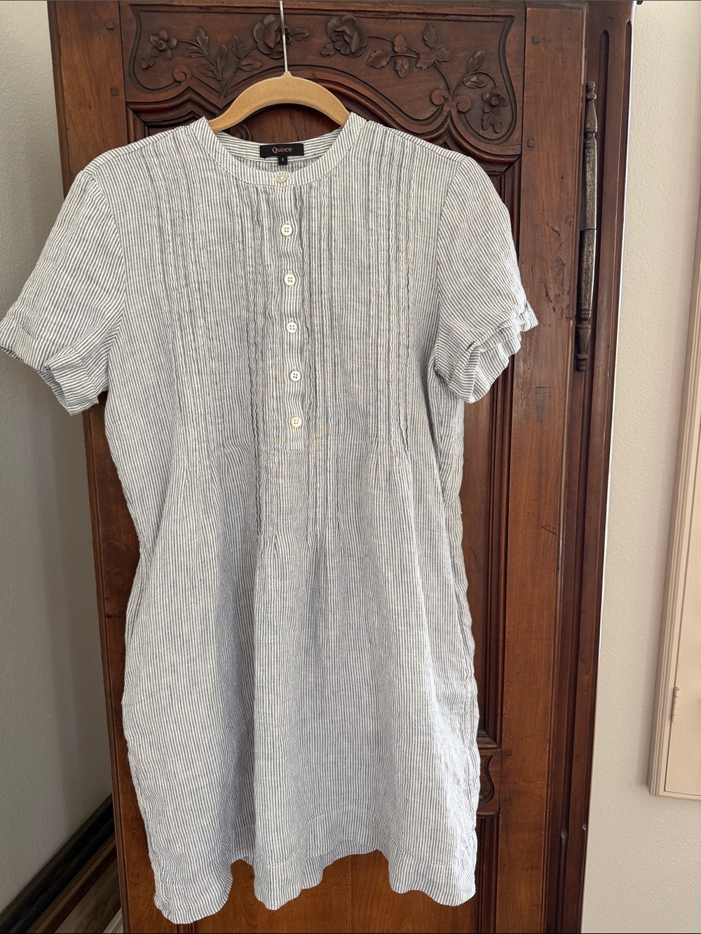 Quince womenās 100% European linen dress- in Blue and White Stripe pinstripe